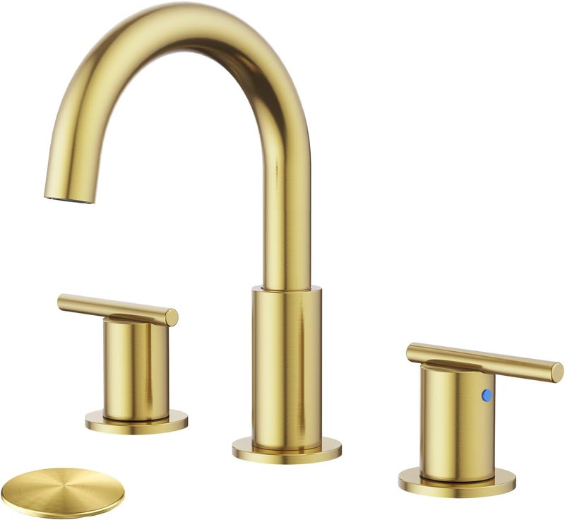 Hurran Bathroom Faucets for 3 Hole Sinks, 8 Inch Brushed Gold Double Handle Bathroom Sink Faucet with 360° Rotating Spout & Pop-Up Drain, Widespread Faucet Suitable for Vanity, RV & Outdoor Sinks - Image 1